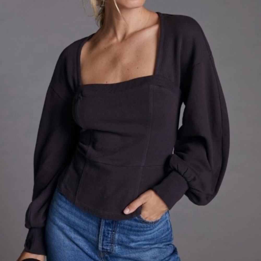 Anthropologie Maeve Seamed Sweater Corset Puff Sleeve Sweatshirt Square Neck NWT
